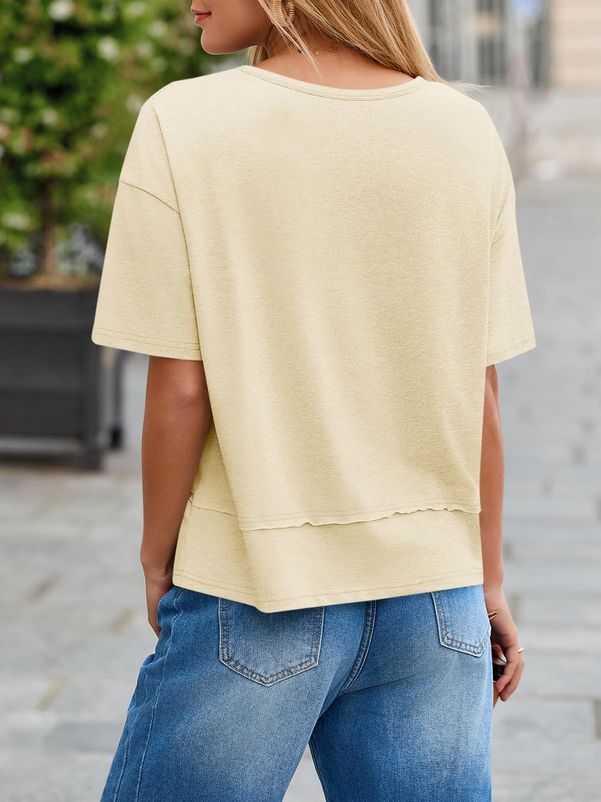 Imily Bela Womens Summer V Neck T Shirts Casual Short Sleeve Flowy Tops Cute Loose Fit Basic Tees