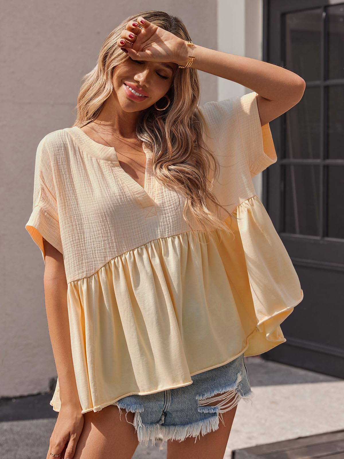 Imily Bela Womens Summer Babydoll Tops V Neck Short Sleeve Pleated Flowy Shirts Casual Loose Fit Peplum Blouse