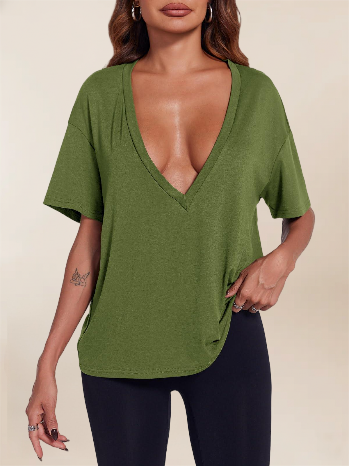 Imily Bela Womens Sexy Deep V Neck T-Shirts Summer Short Sleeve Tops Casual Loose Fit Basic Tees