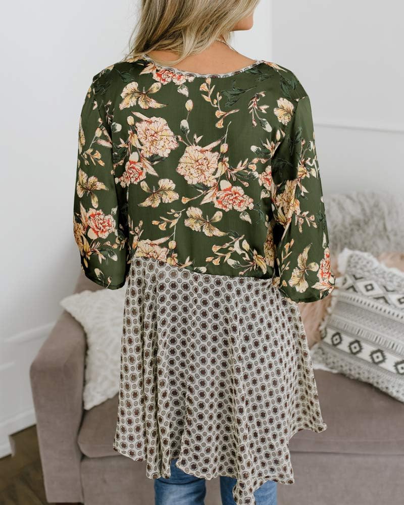 Imily Bela Women Floral Kimono Cardigans 3/4 Ruffle Sleeve Lightweight Patchwork Flowy Boho Tie Loose Cover Ups