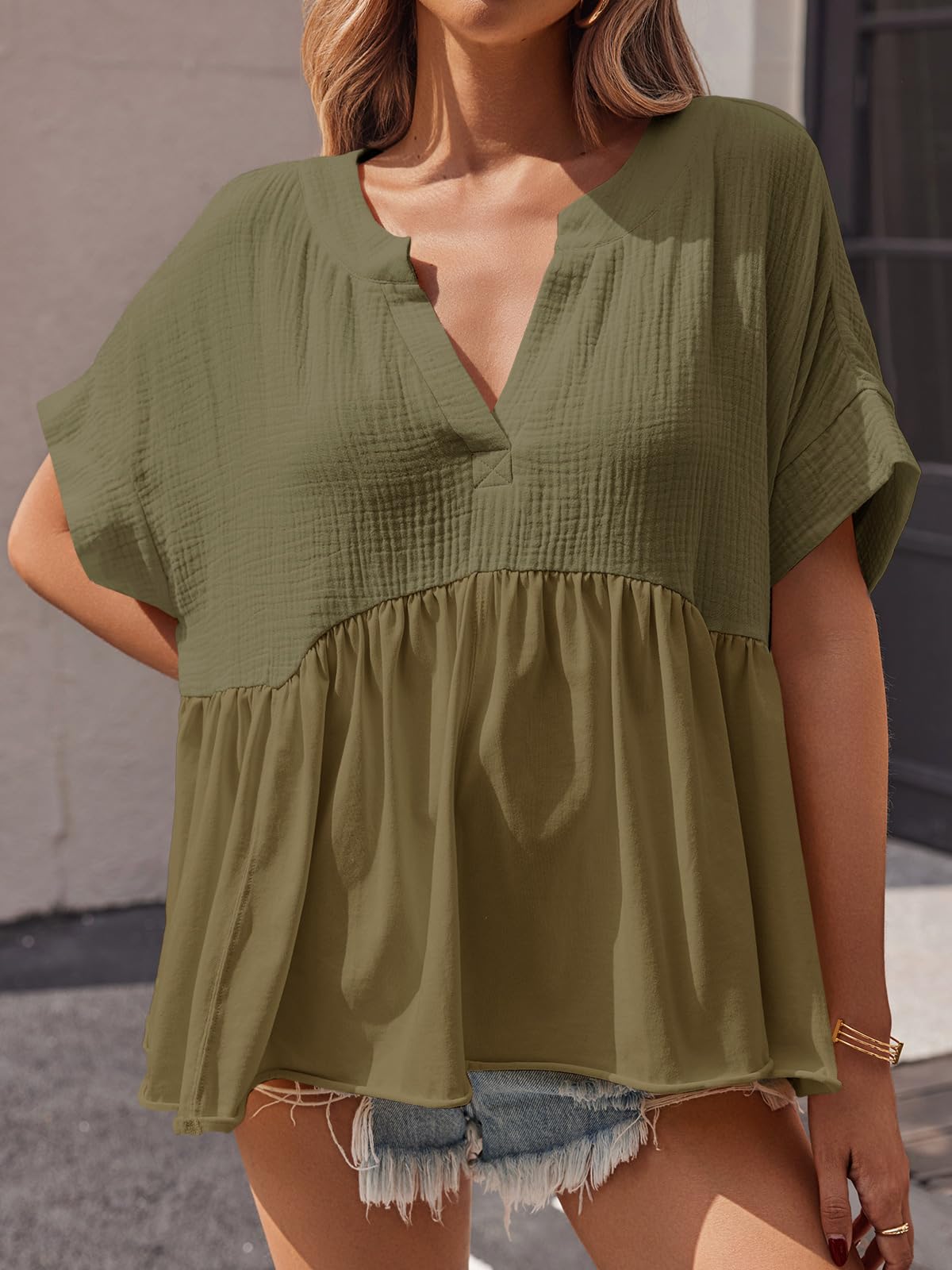 Imily Bela Womens Summer Babydoll Tops V Neck Short Sleeve Pleated Flowy Shirts Casual Loose Fit Peplum Blouse