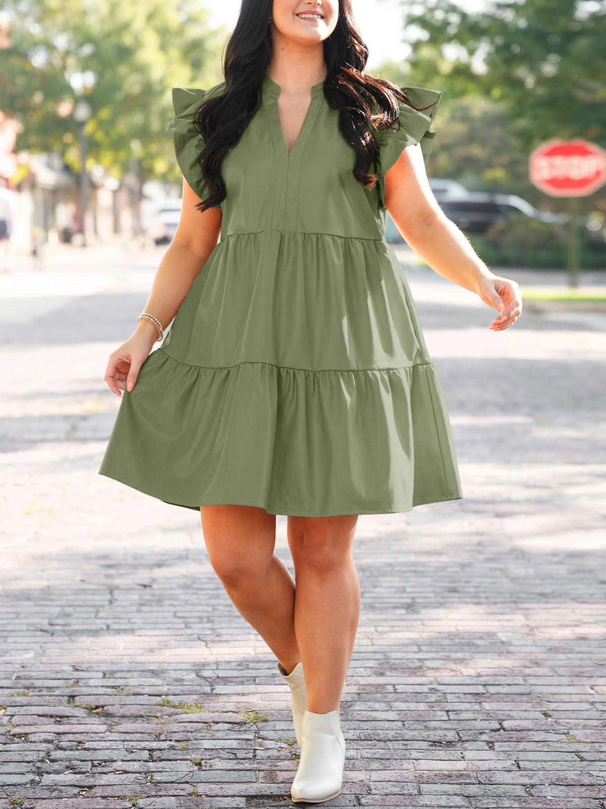 【Plus Size】 Imily Bela Dresses for Women Summer Ruffle Short Sleeve V Neck Dress Tiered Swing A Line Babydoll Mini Dress