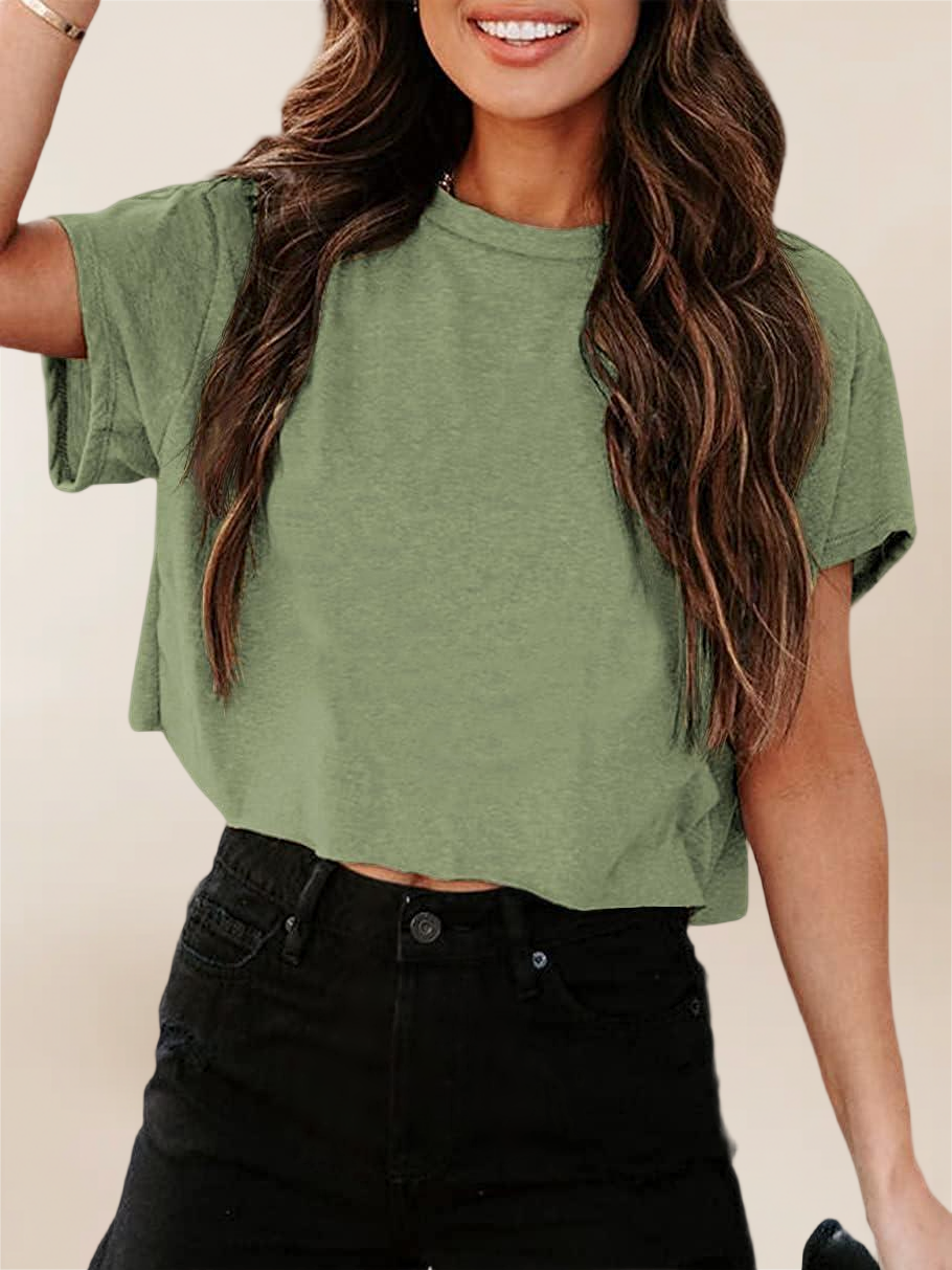 Imily Bela Women Short Sleeve Cropped T-Shirts Crew Neck Loose Crop Tops Summer Casual Drop Shoulder Basic Tees