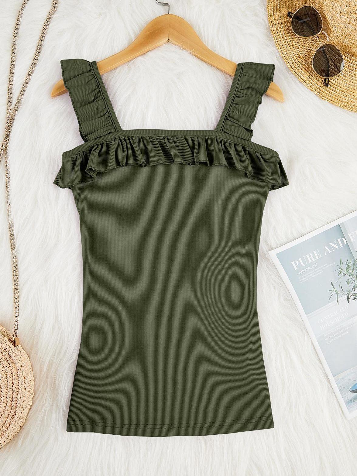 Imily Bela Womens Cute Sleeveless Tank Tops Ruffle Strap Square Neck Blouse Solid Color Knitted Camisole