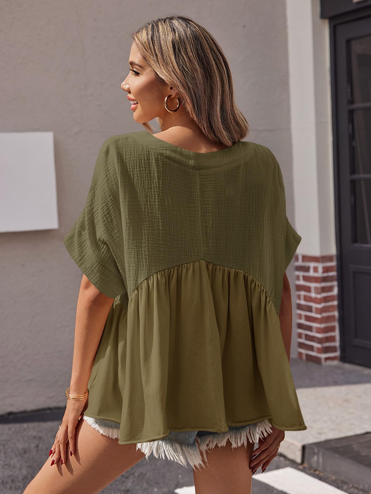 Imily Bela Womens Summer Babydoll Tops V Neck Short Sleeve Pleated Flowy Shirts Casual Loose Fit Peplum Blouse