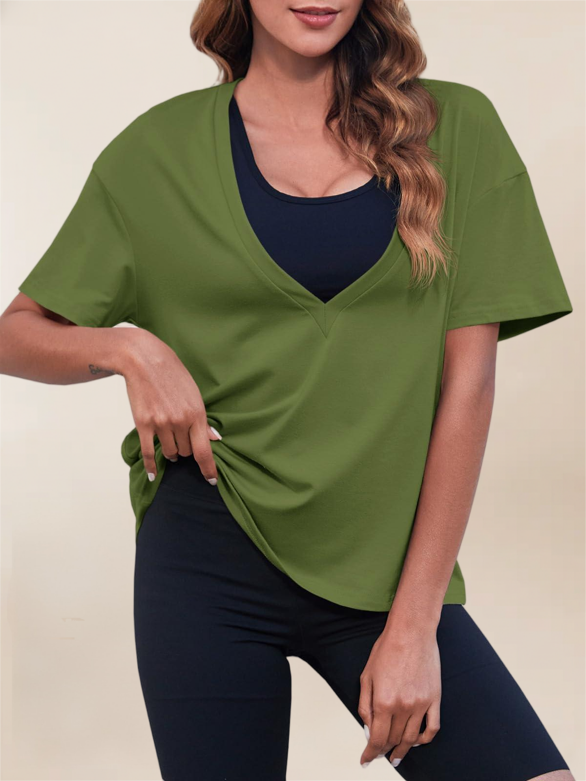 Imily Bela Womens Sexy Deep V Neck T-Shirts Summer Short Sleeve Tops Casual Loose Fit Basic Tees