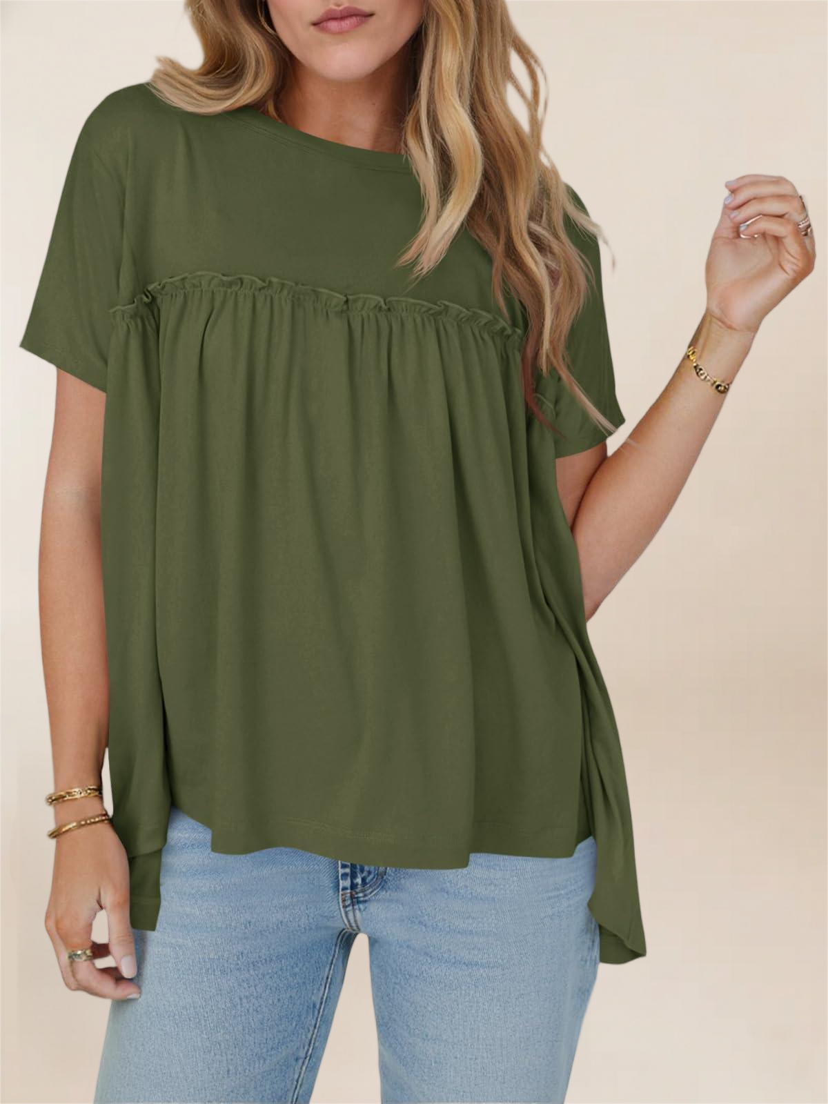 Imily Bela Women Summer Babydoll Tops Pleated Short Sleeve Crew Neck Peplum Blouse Casual Loose Fit T Shirts