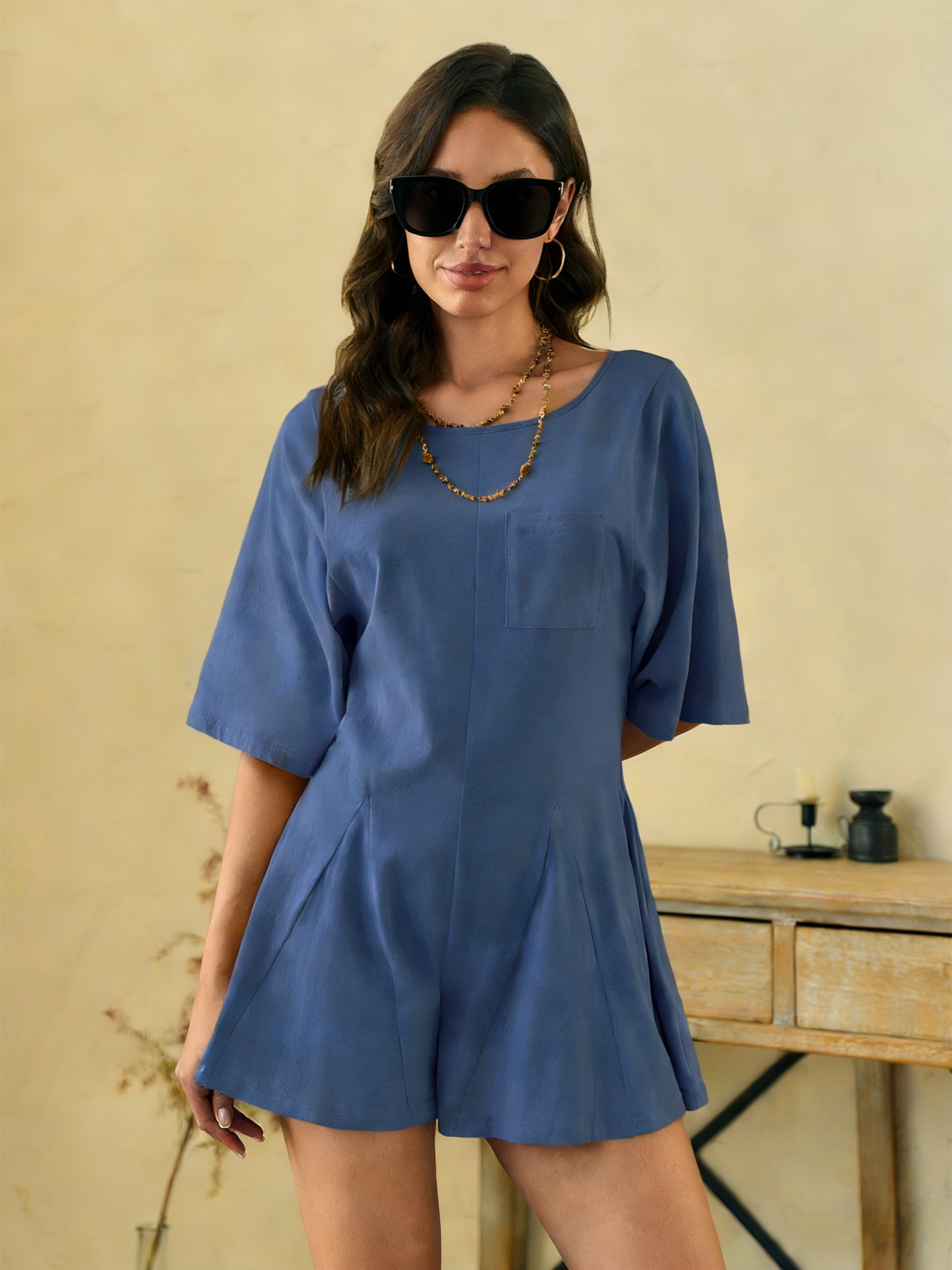 Imily Bela Rompers for Women Summer Outfits Slim Fit Short Sleeve Crew Neck Jumpsuits with Pocket