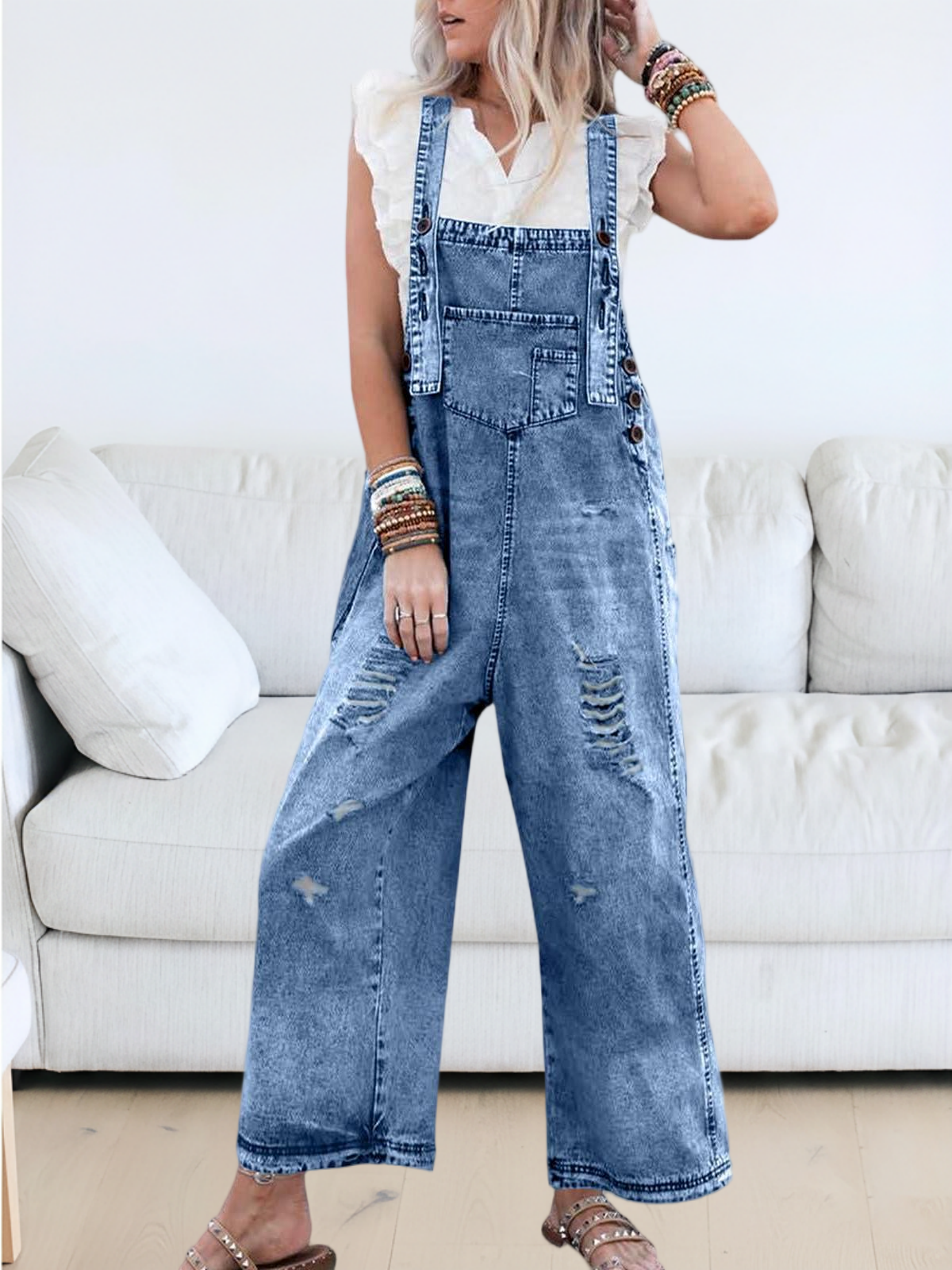 Imily Bela Women's Casual Denim Overalls Loose Adjustable Strap Distressed Bib Jeans Overall Jumpsuits with Pocket