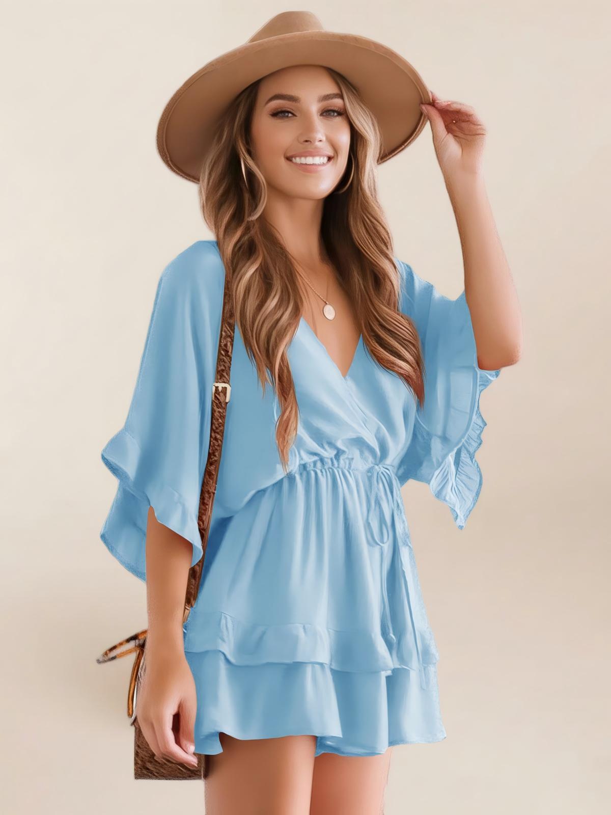 Imily Bela Womens V Neck Beach Romper Ruffle Layered Drawstring Waisted Shorts Jumpsuit