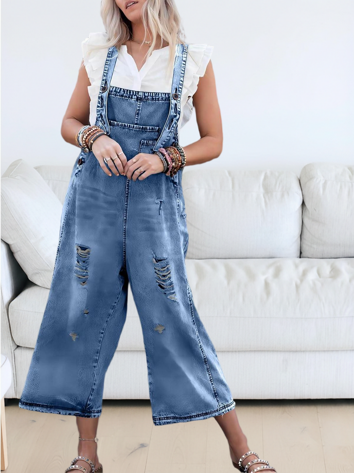 Imily Bela Women's Casual Denim Overalls Loose Adjustable Strap Distressed Bib Jeans Overall Jumpsuits with Pocket