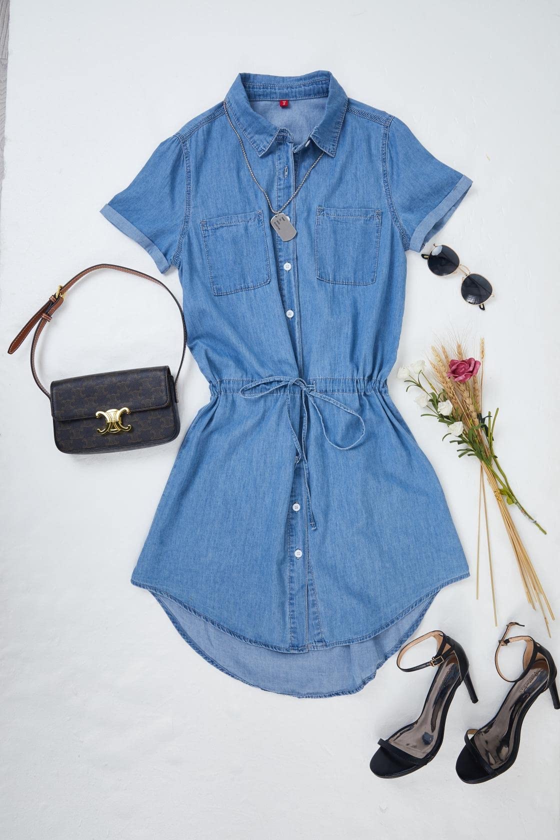 Imily Bela Women Denim Dress Summer Short Sleeve Button Down Tie Waist Casual Jean Shirt Short Dresses