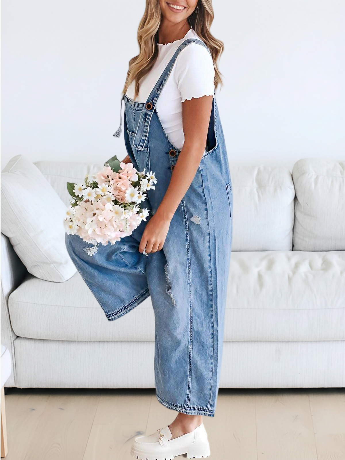 Imily Bela Women's Casual Denim Overalls Loose Adjustable Strap Distressed Bib Jeans Overall Jumpsuits with Pocket