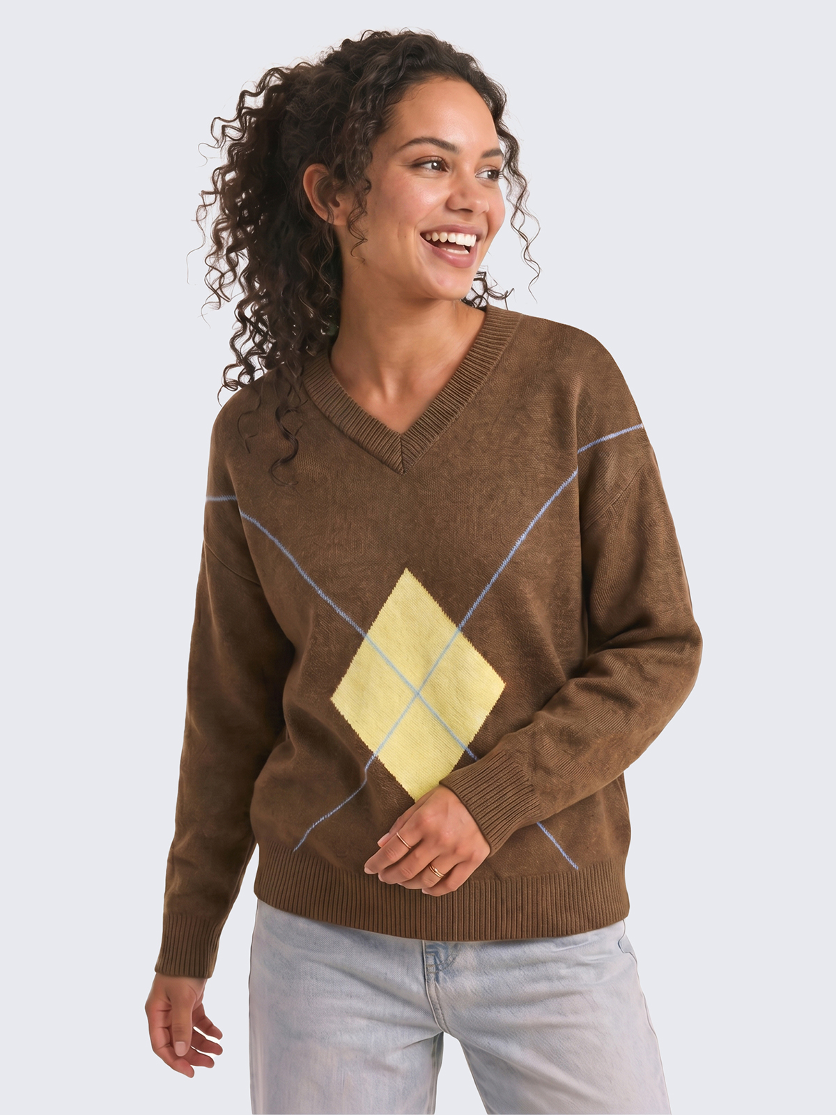 Imily Bela Argyle Drop-Shoulder V-Neck Sweater