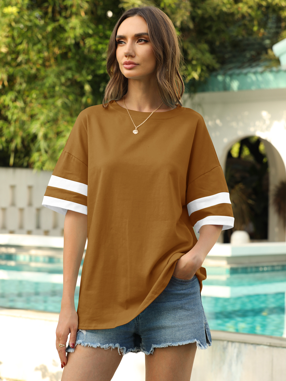Imily Bela Womens Oversized Tees Loose T Shirts Half Sleeve Crew Neck Color Block Cotton Tunic Tops
