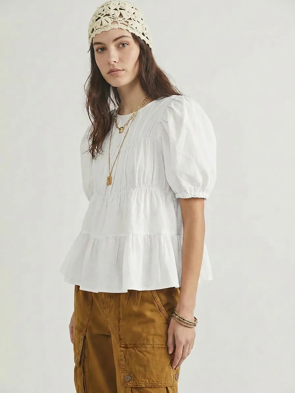 Womens Puff Sleeve Peplum Babydoll Tops Summer Flowy Pleated Cotton T-Shirts Casual Loose Fit Cute Blouse