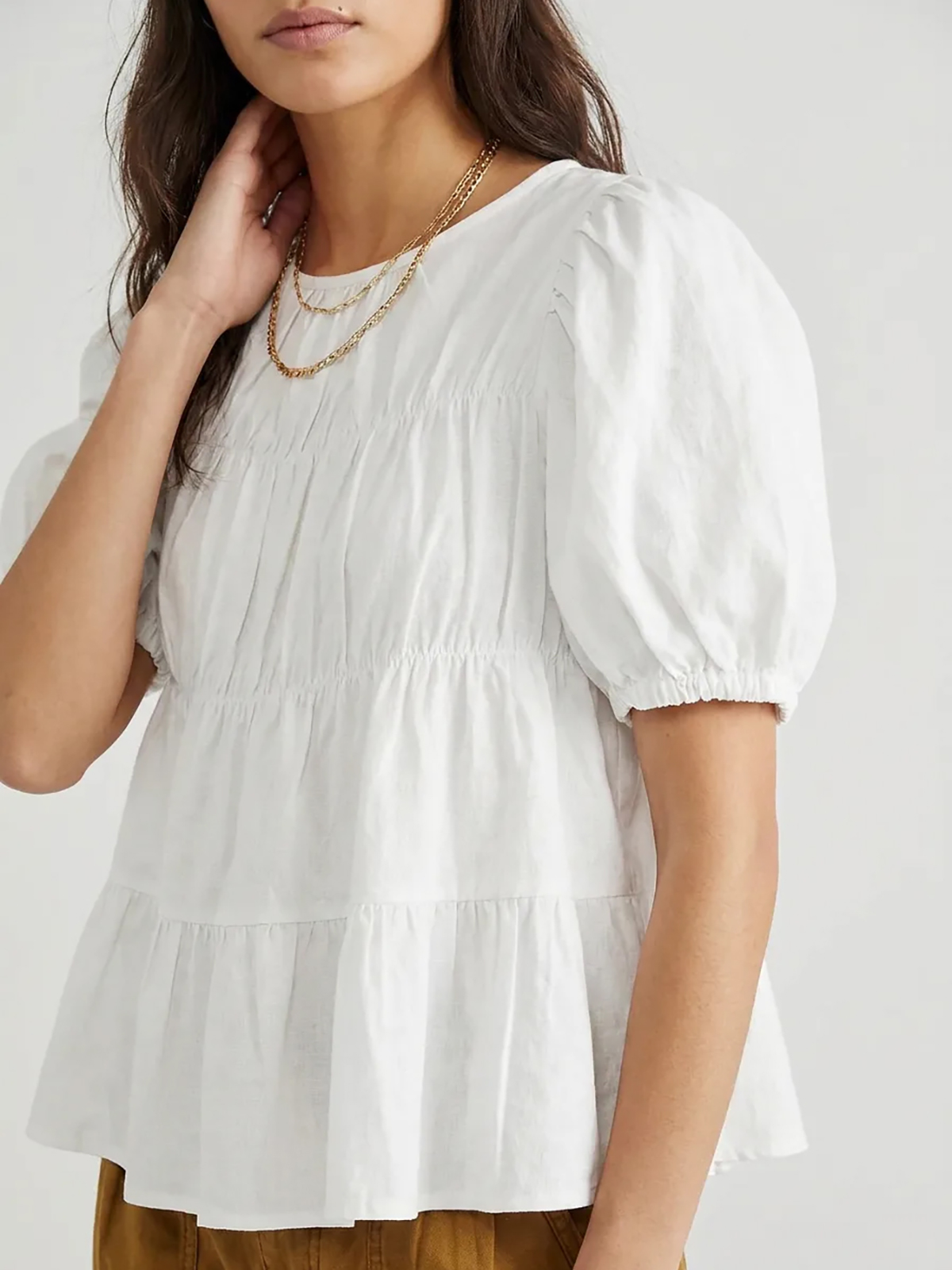 Womens Puff Sleeve Peplum Babydoll Tops Summer Flowy Pleated Cotton T-Shirts Casual Loose Fit Cute Blouse