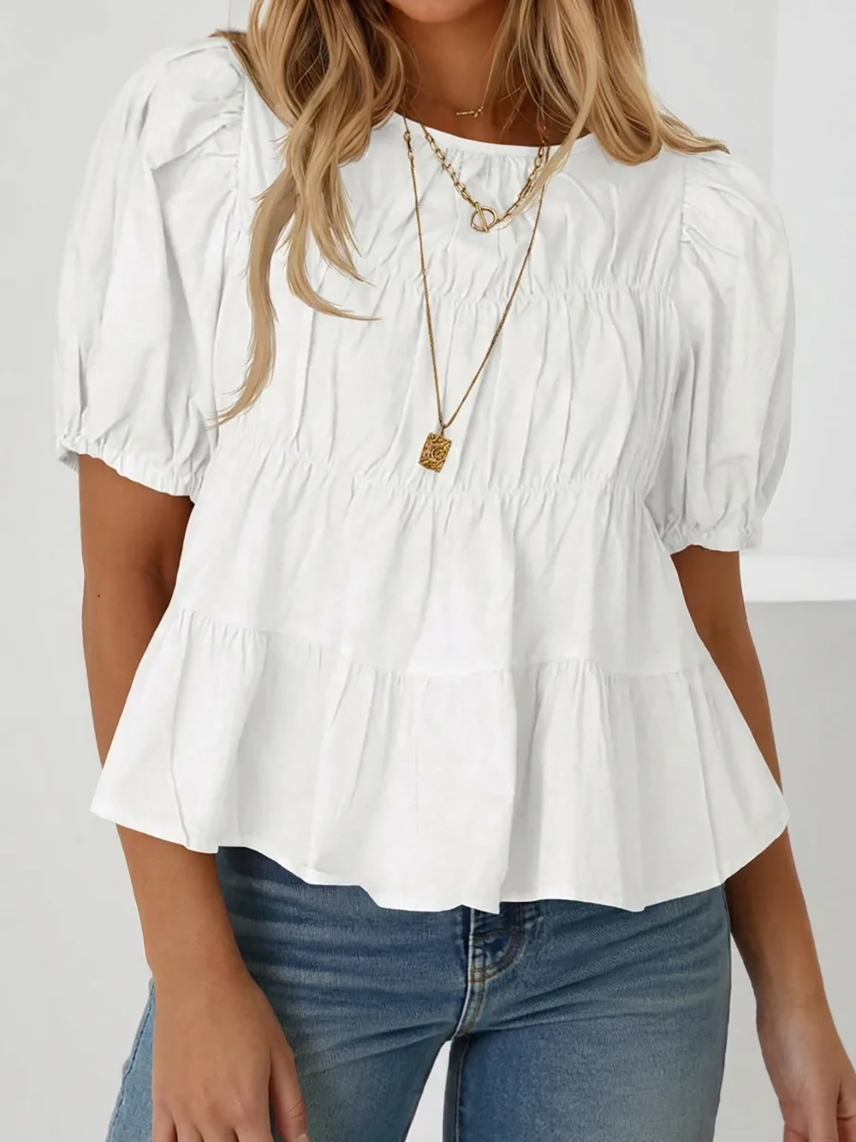 Womens Puff Sleeve Peplum Babydoll Tops Summer Flowy Pleated Cotton T-Shirts Casual Loose Fit Cute Blouse