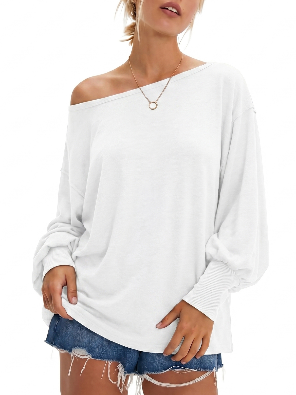 Wide-Neck Slouchy Ribbed-Cuff Top