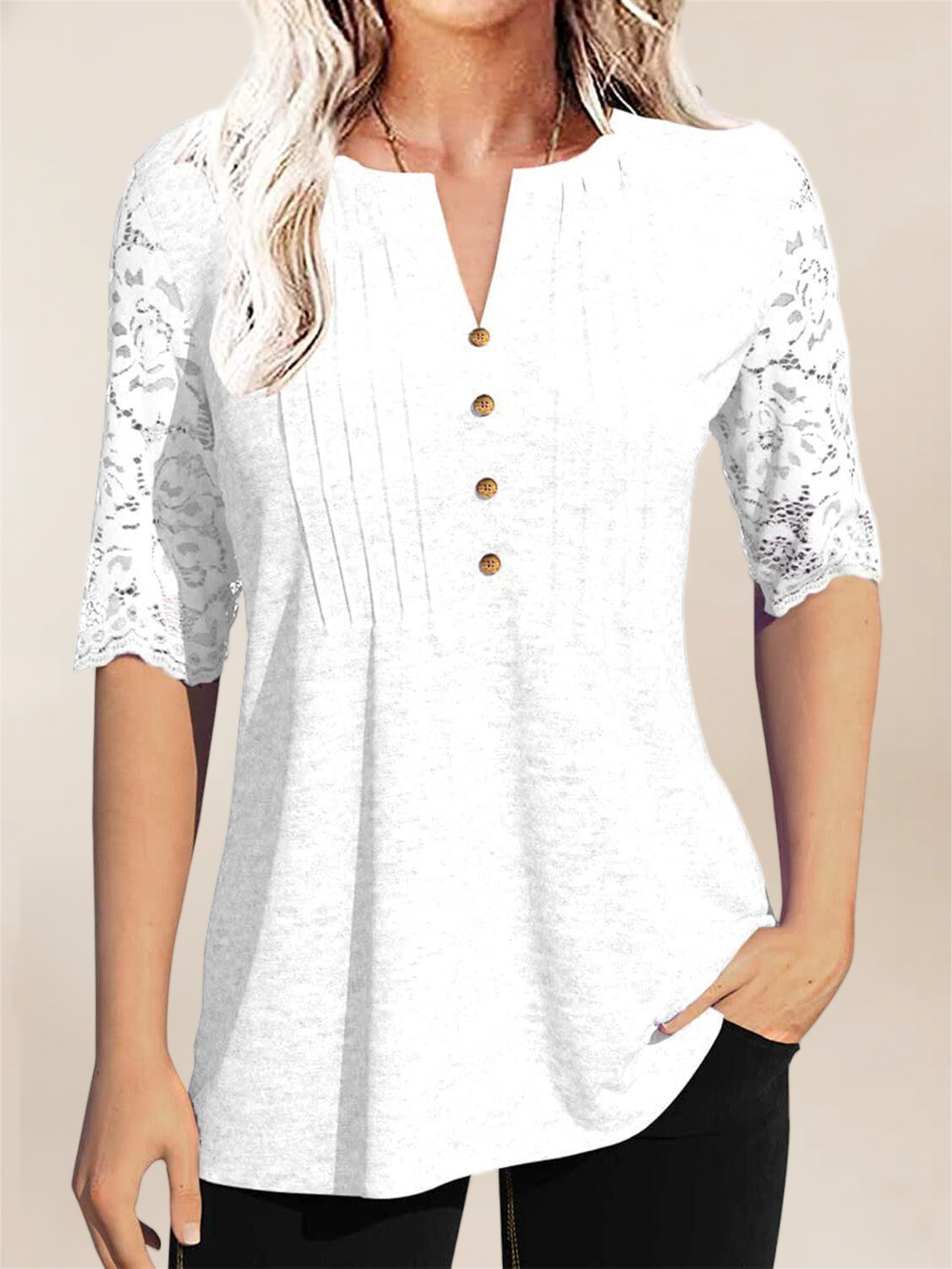 Imily Bela Womens Summer Tops Pleated Button Down Short Sleeve T-Shirt V-Neck Casual Lace Blouse