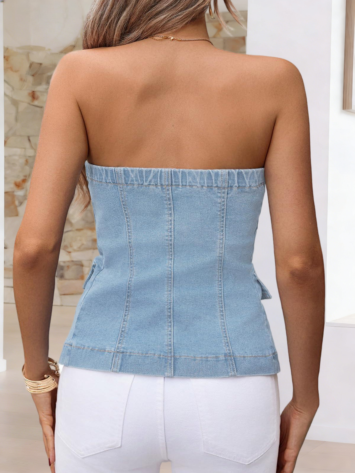 Imily Bela Womens Strapless Denim Vest Summer Button Down Jean Tube Tops Y2k Going Out Fitted Bandeau Shirts Waistcoat