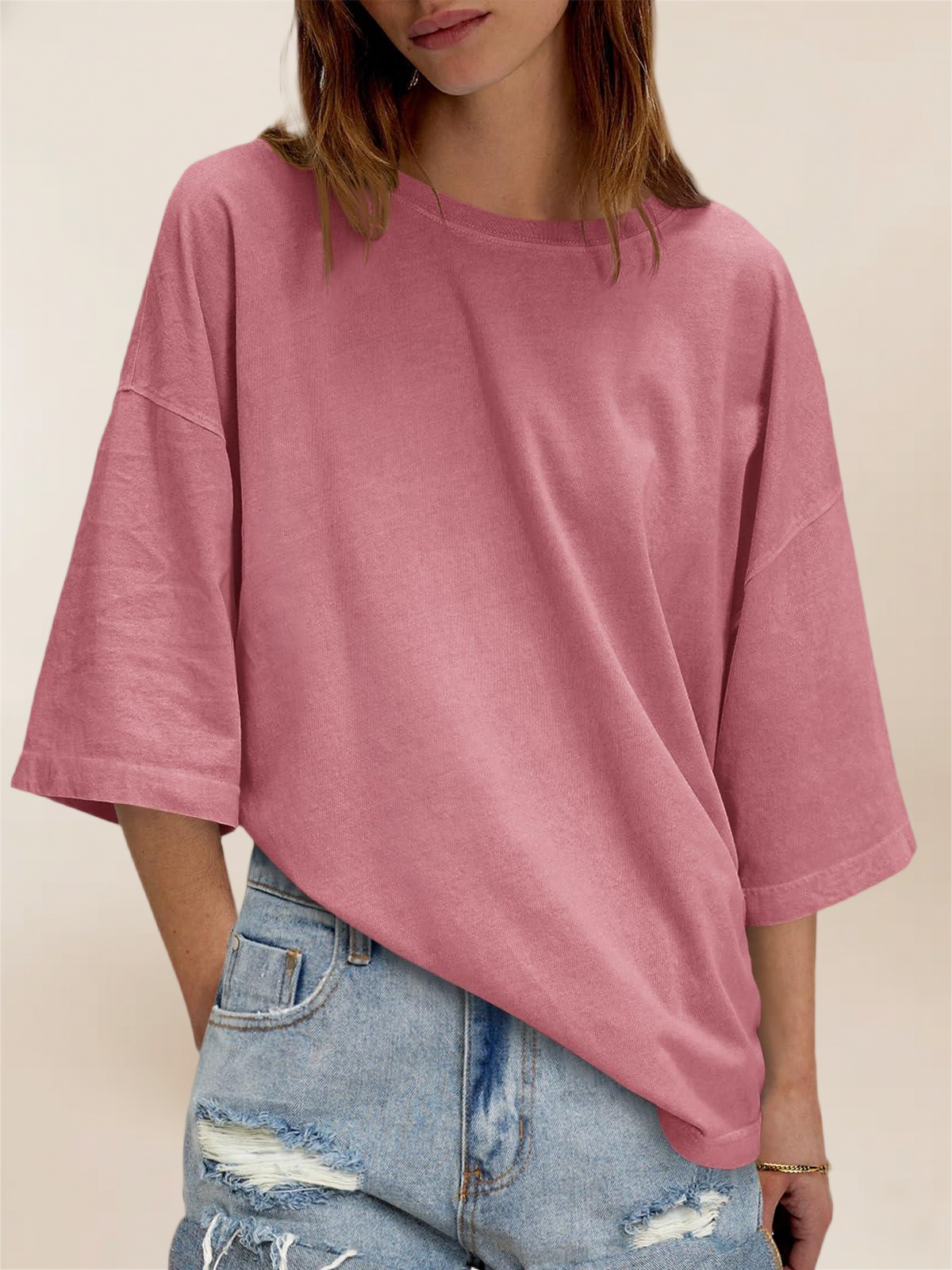 Imily Bela Womens Oversized Half Sleeve T-Shirts Summer Casual Crew Neck Tunic Tops Loose Fit Boxy Basic Tees