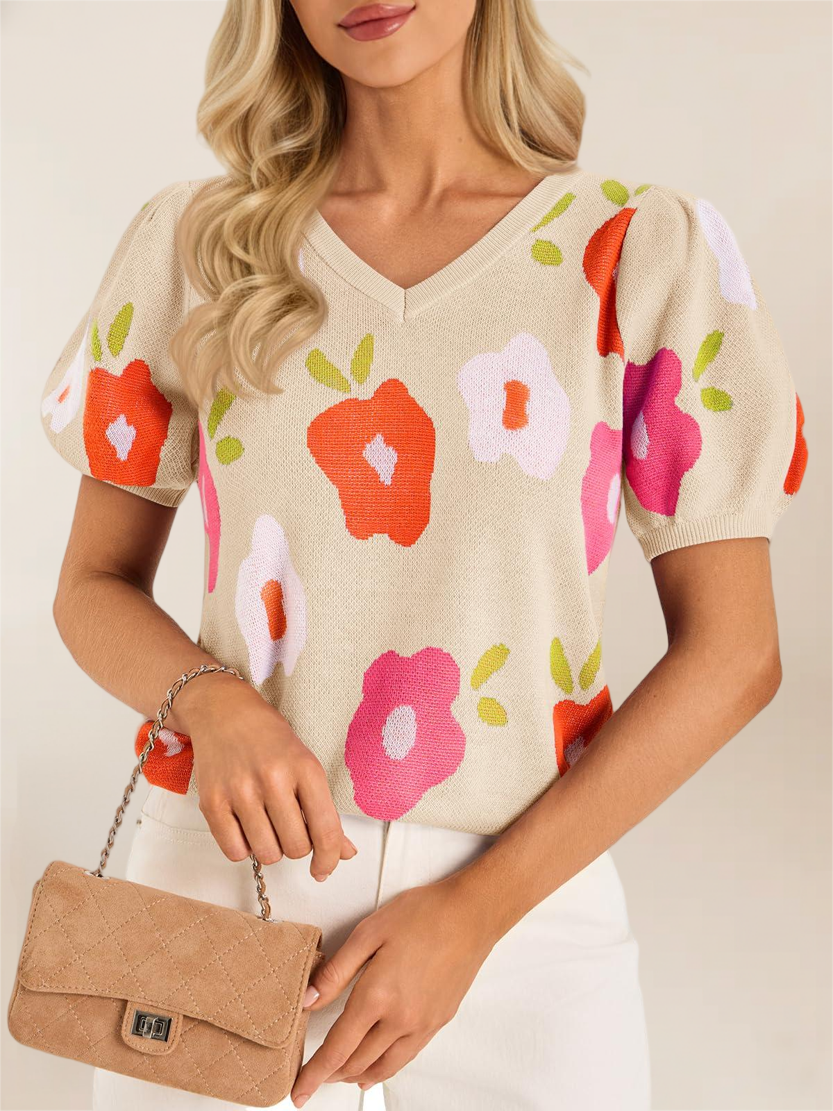 Imily Bela Womens Puff Short Sleeve Sweater Tops 2026 Spring Summer Floral Pullover V Neck Casual Knit T Shirts