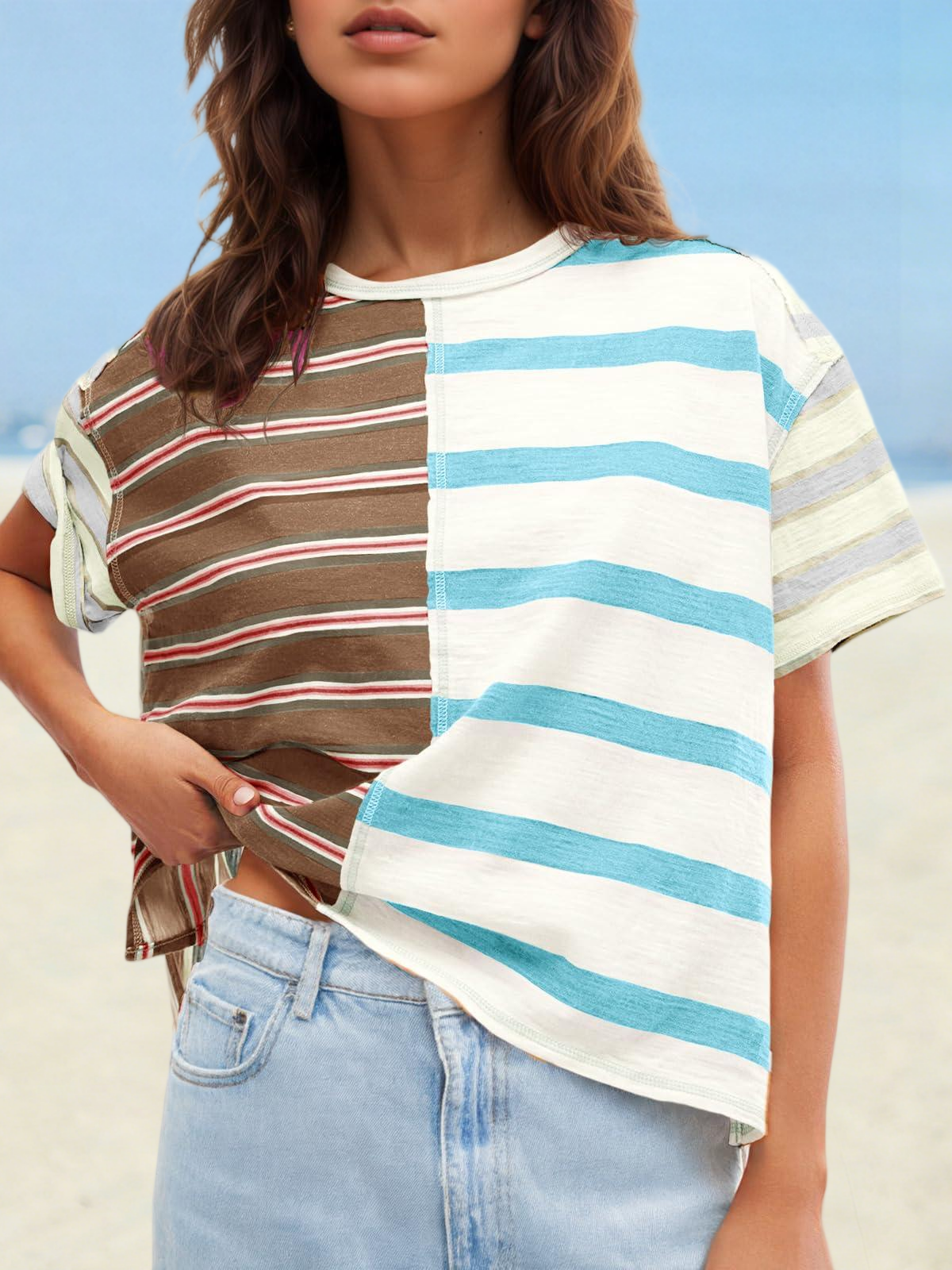 Imily Bela Womens Summer Striped Shirts Casual Color Block Short Sleeve Tops Loose Fit Crew Neck Tees