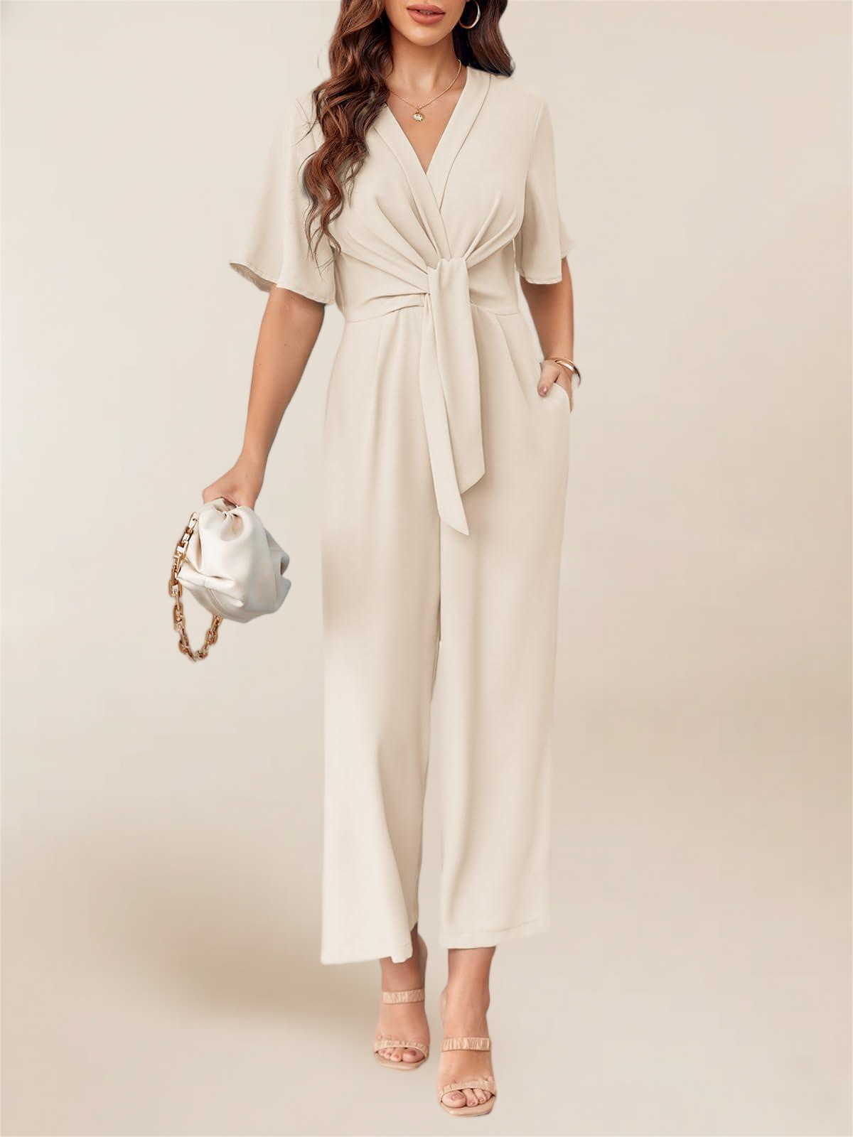 Imily Bela Women's Elegant V Neck Jumpsuits Dressy Casual Short Sleeve Wide Leg Long Pants Rompers