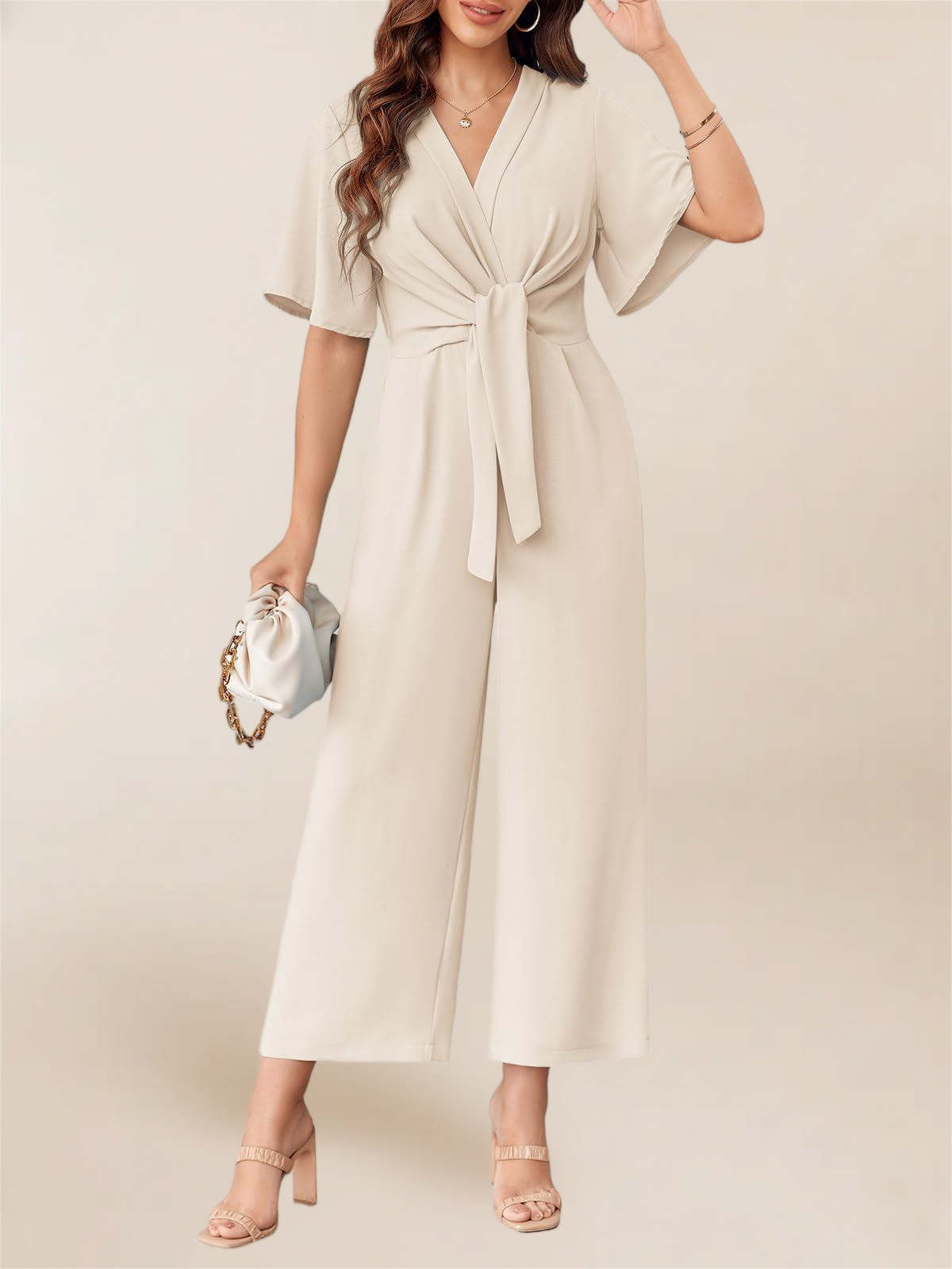 Imily Bela Women's Elegant V Neck Jumpsuits Dressy Casual Short Sleeve Wide Leg Long Pants Rompers