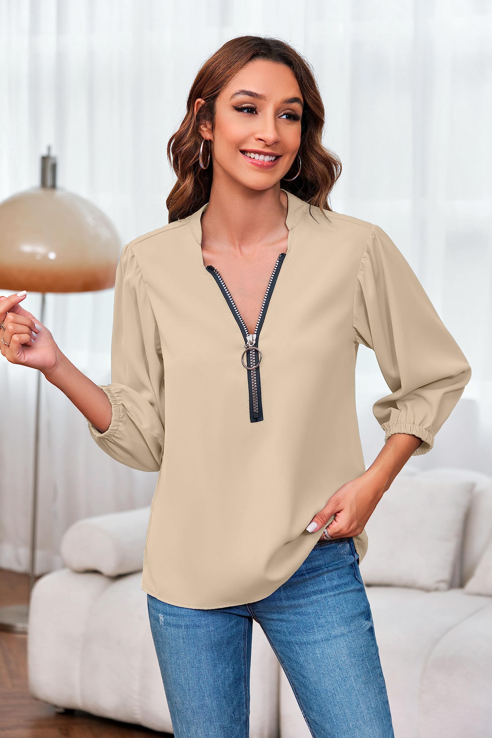 Imily Bela Womens V-Neck Lantern Sleeve Blouse Zipper Design Loose Casual Top Shirts