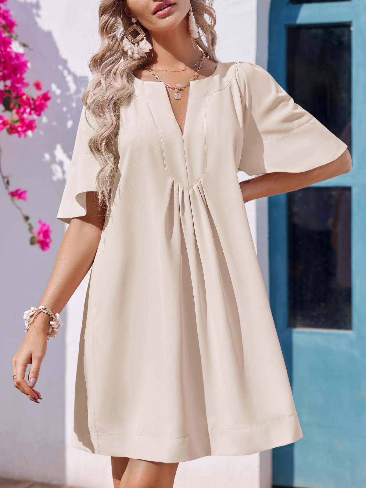 Imily Bela Womens Flutter Short Sleeve Mini Dress Casual V Neck Loose Flowy Summer Dresses