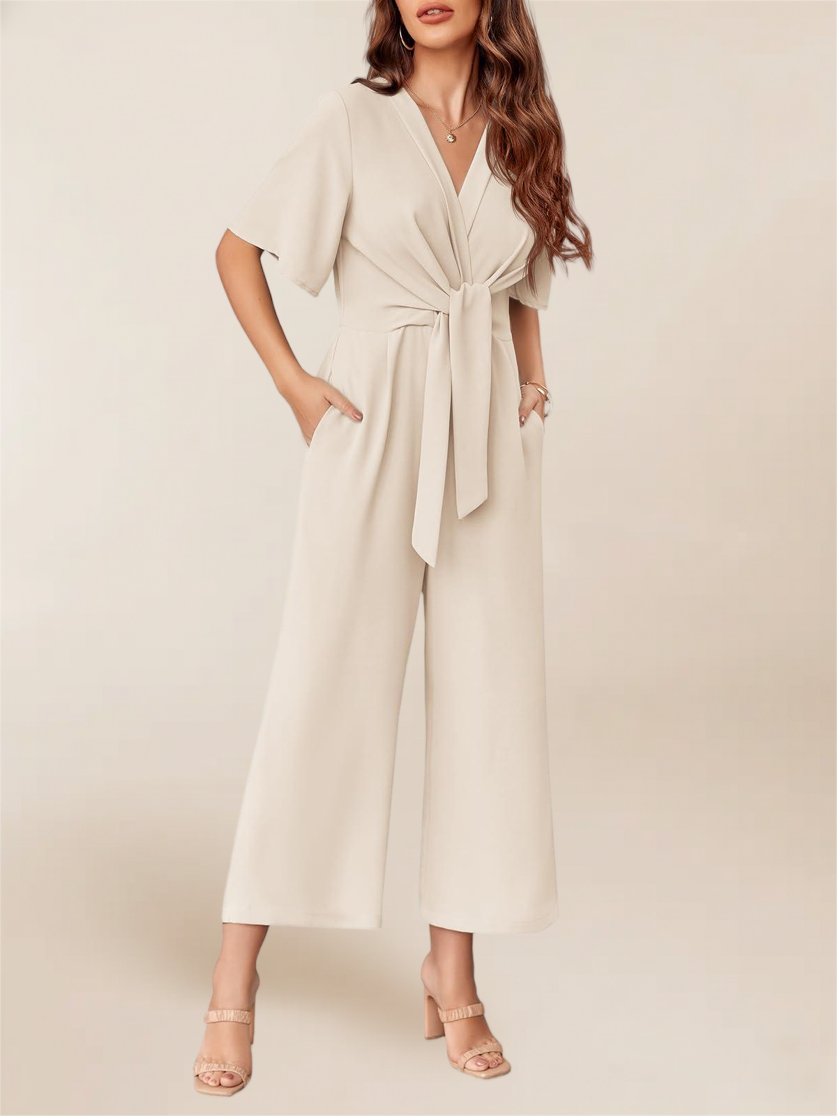 Imily Bela Women's Elegant V Neck Jumpsuits Dressy Casual Short Sleeve Wide Leg Long Pants Rompers