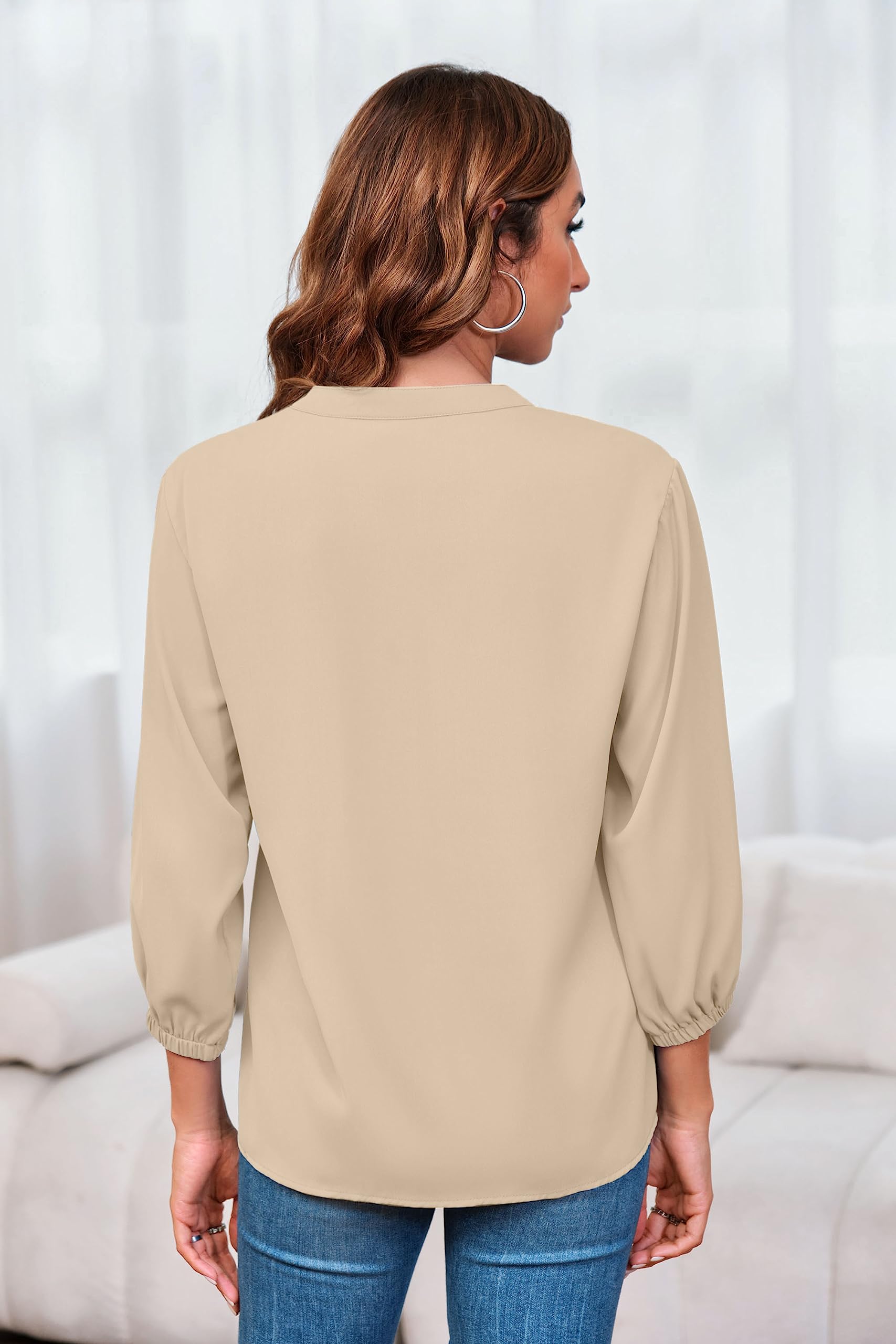 Imily Bela Womens V-Neck Lantern Sleeve Blouse Zipper Design Loose Casual Top Shirts