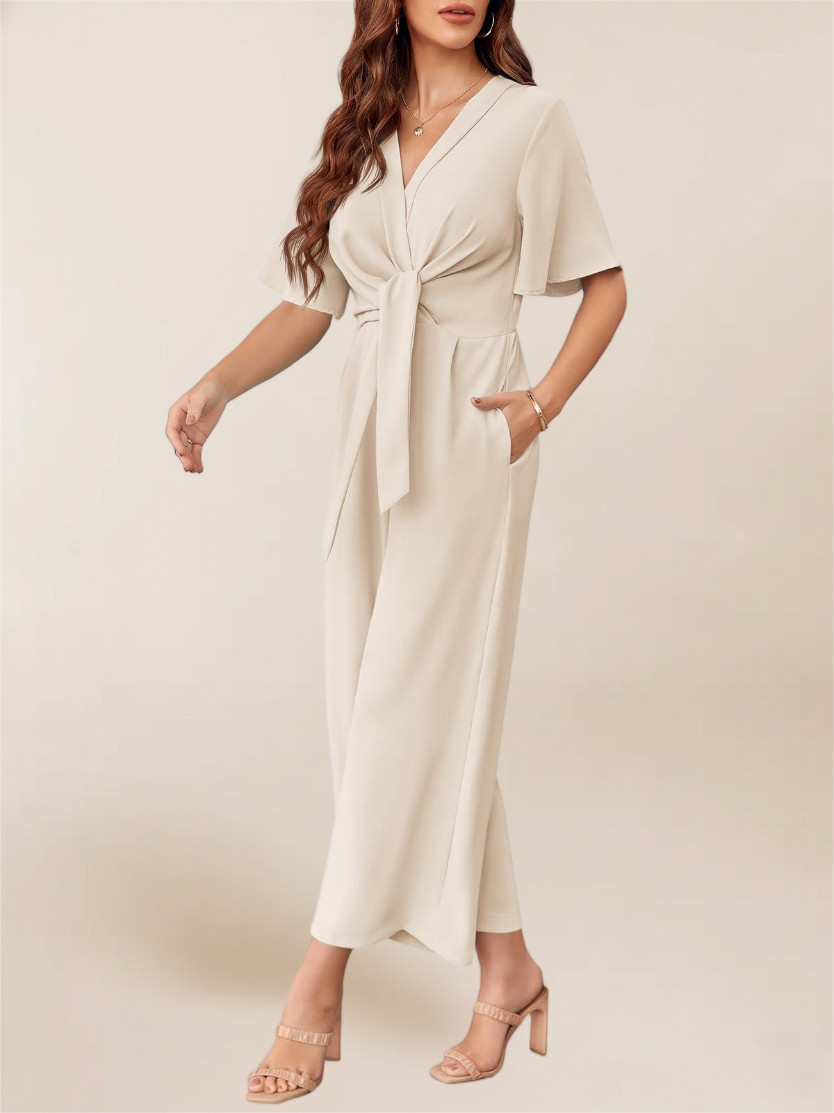 Imily Bela Women's Elegant V Neck Jumpsuits Dressy Casual Short Sleeve Wide Leg Long Pants Rompers