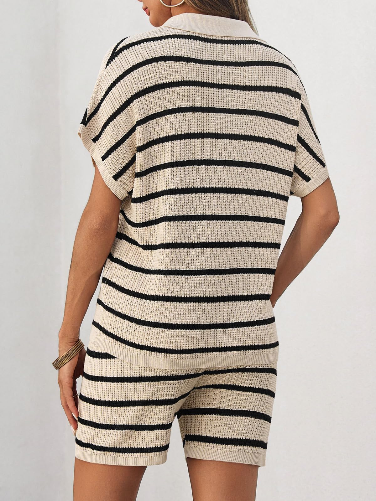 Imily Bela Womens 2 Piece Outfits Striped Knit Summer Sets V Neck Short Sleeve Tops And Shorts Lounge Matching Set