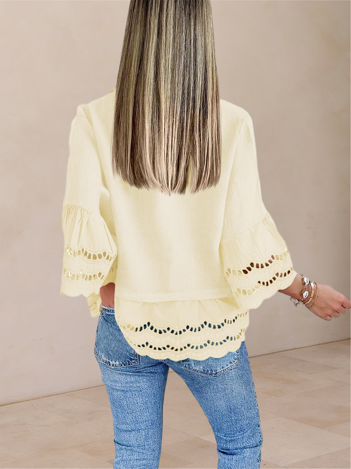 Imily Bela Womens 3/4 Bell Sleeve Button Down Shirts Casual Ruffle Hem Tops Eyelet Blouse