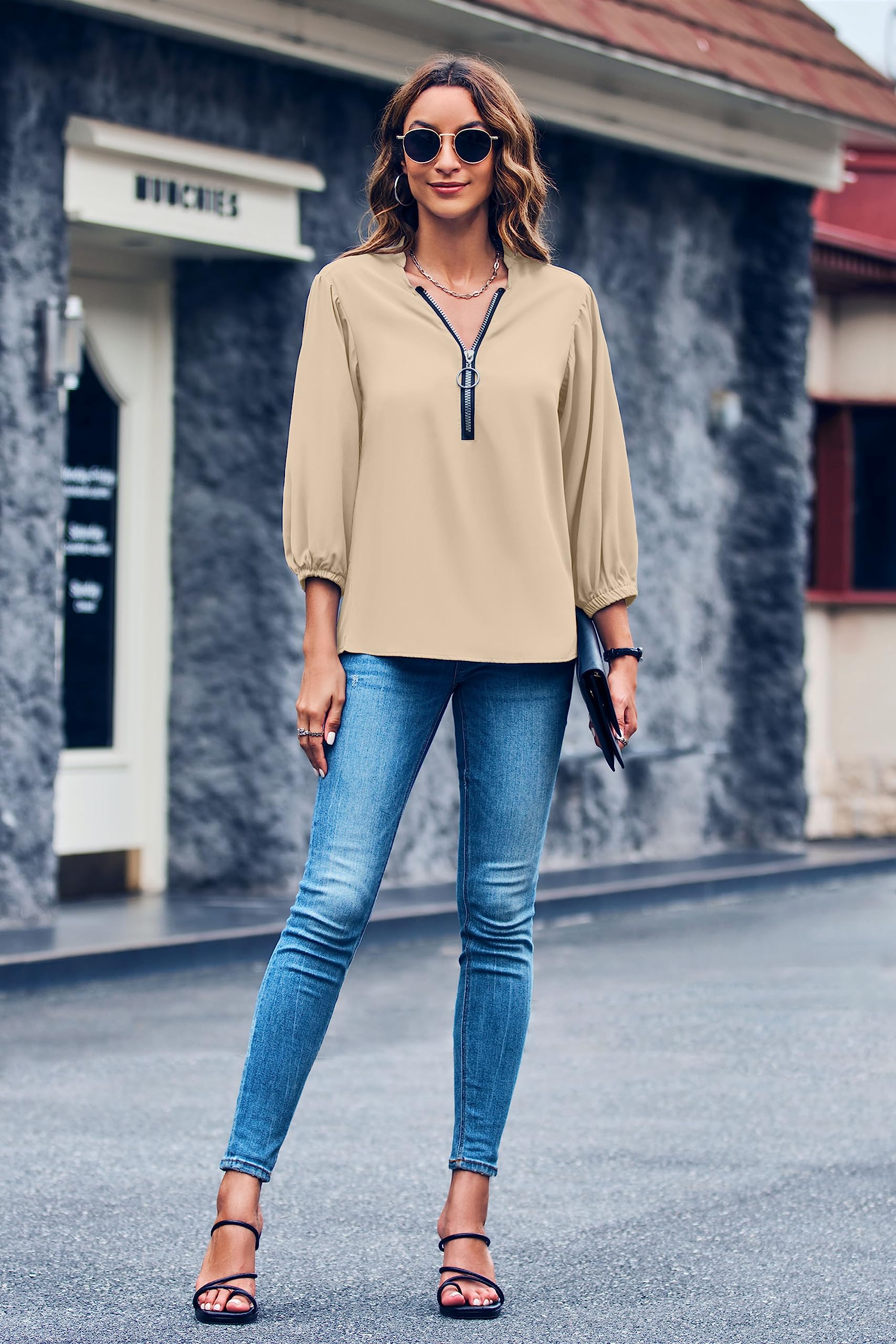 Imily Bela Womens V-Neck Lantern Sleeve Blouse Zipper Design Loose Casual Top Shirts