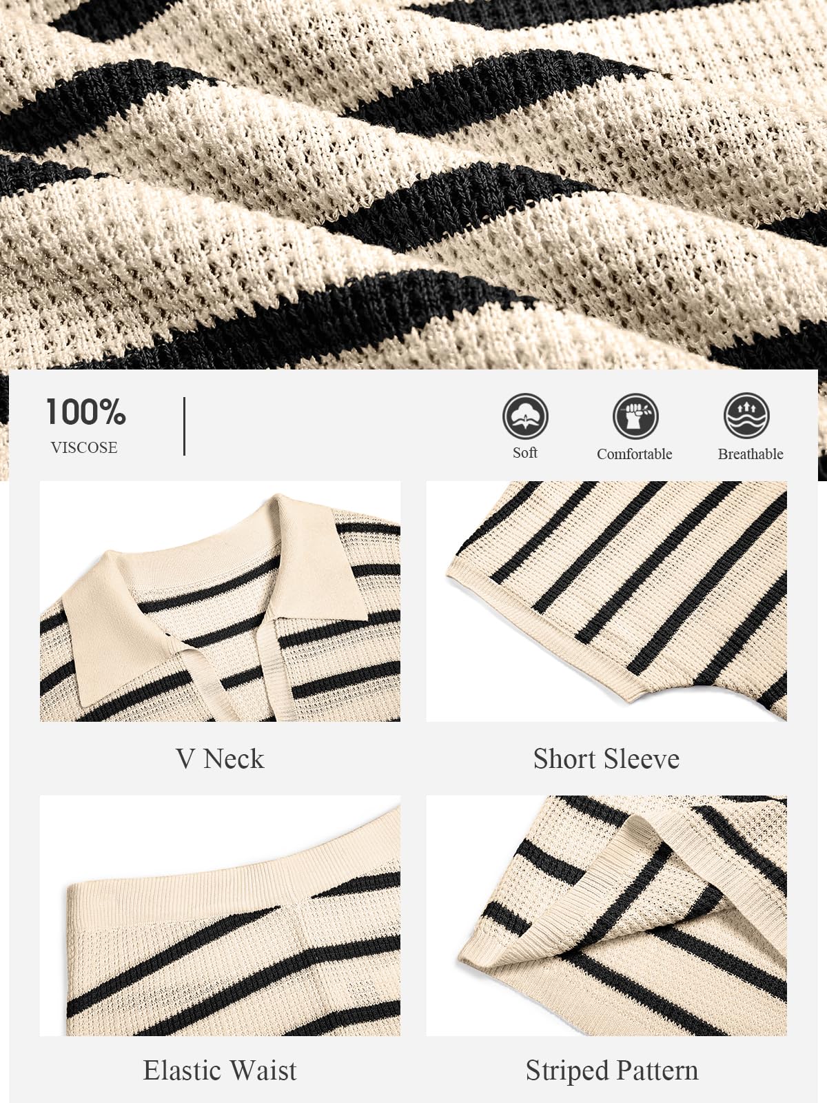 Imily Bela Womens 2 Piece Outfits Striped Knit Summer Sets V Neck Short Sleeve Tops And Shorts Lounge Matching Set