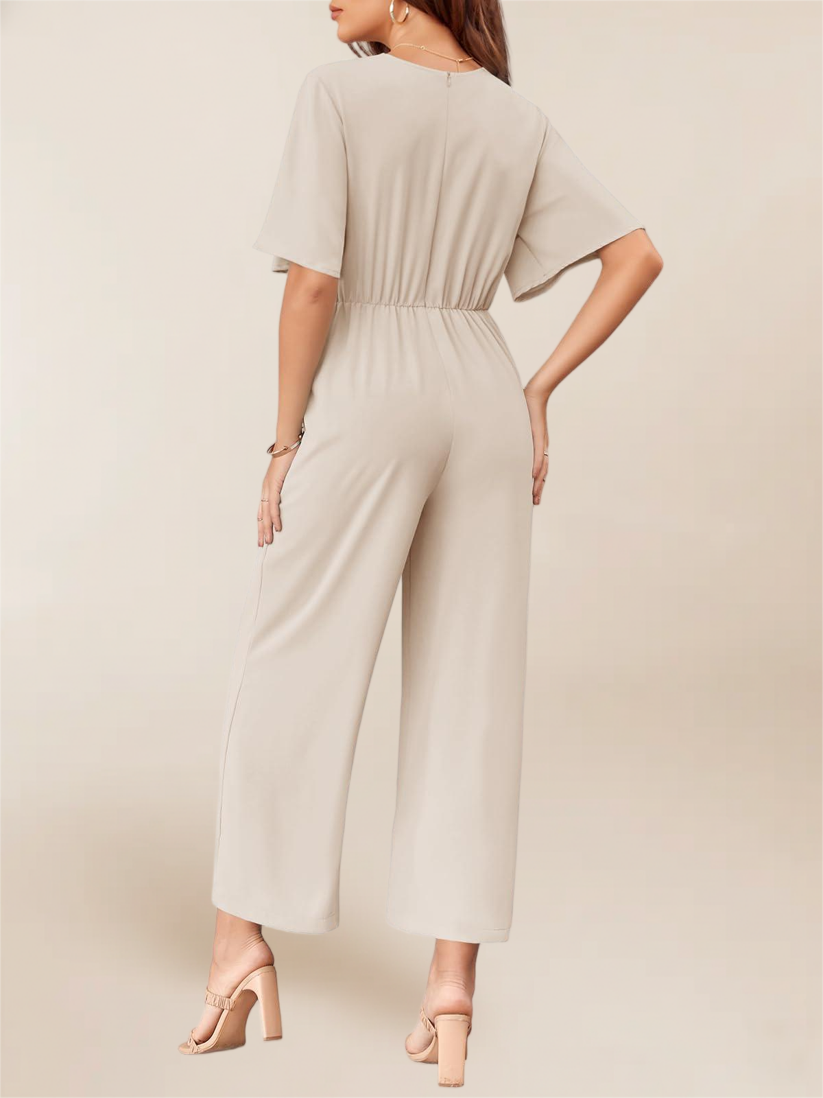 Imily Bela Women's Elegant V Neck Jumpsuits Dressy Casual Short Sleeve Wide Leg Long Pants Rompers