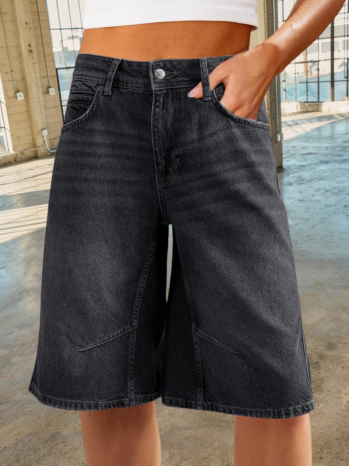 Imily Bela Womens Summer Wide Leg Denim Shorts Casual Loose Mid Rise Jorts Bermuda Knee Length Jeans Shorts