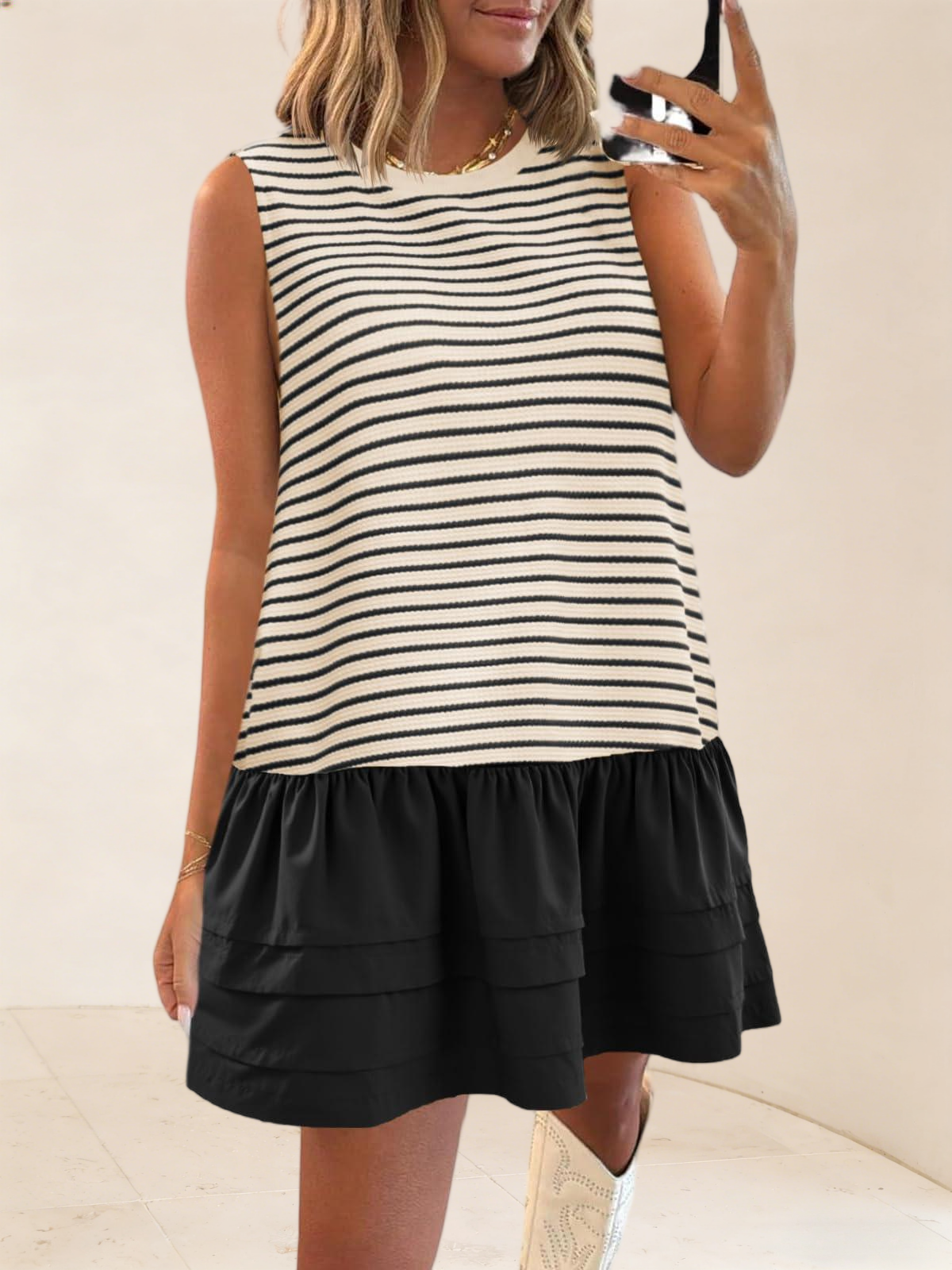 Imily Bela Womens Striped Sweatshirt Dress Casual Sleeveless Crewneck Constrast Patchwork Loose Tank Mini Dresses