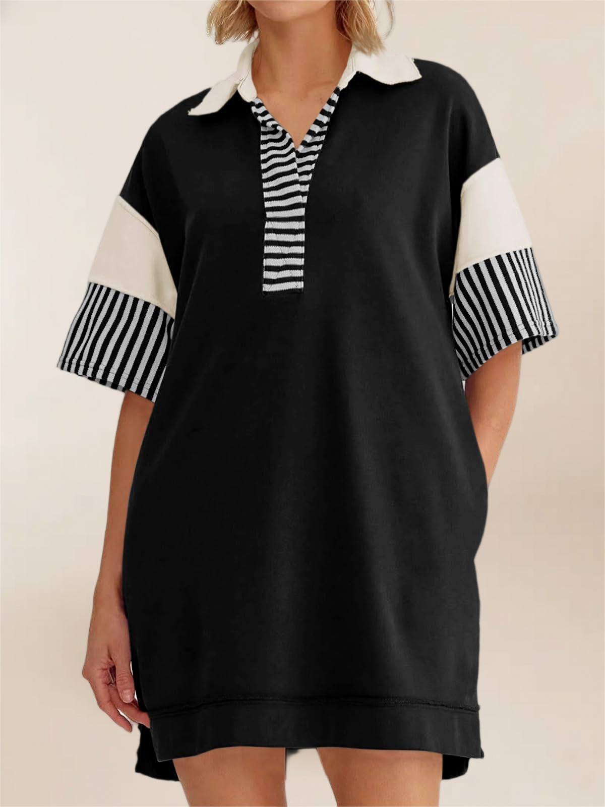 Imily Bela Women'S Polo V Neck T Shirt Dress Casual Summer Oversized Color Block Short Sleeve Sweatshirt Mini Dresses