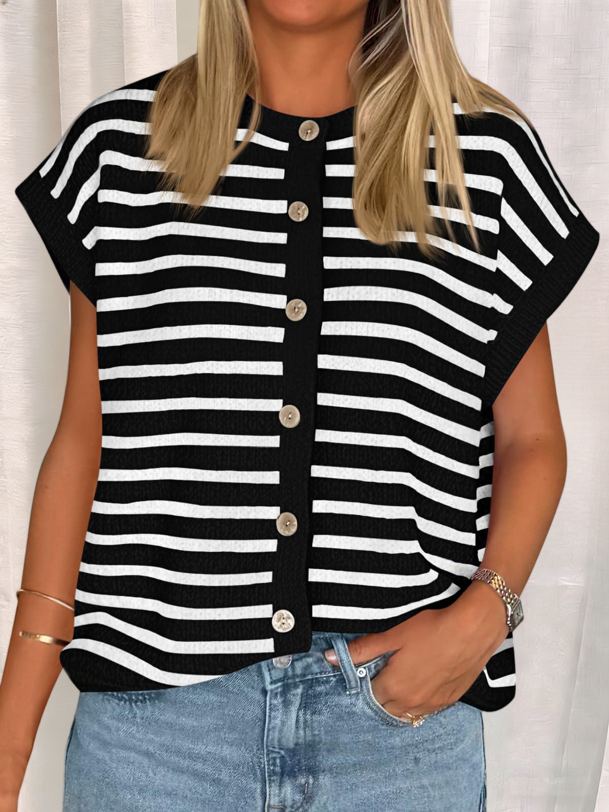 Imily Bela Womens Striped Cap Sleeve Sweater Vest Crew Neck Button Down Cardigan Cute Knit Tops