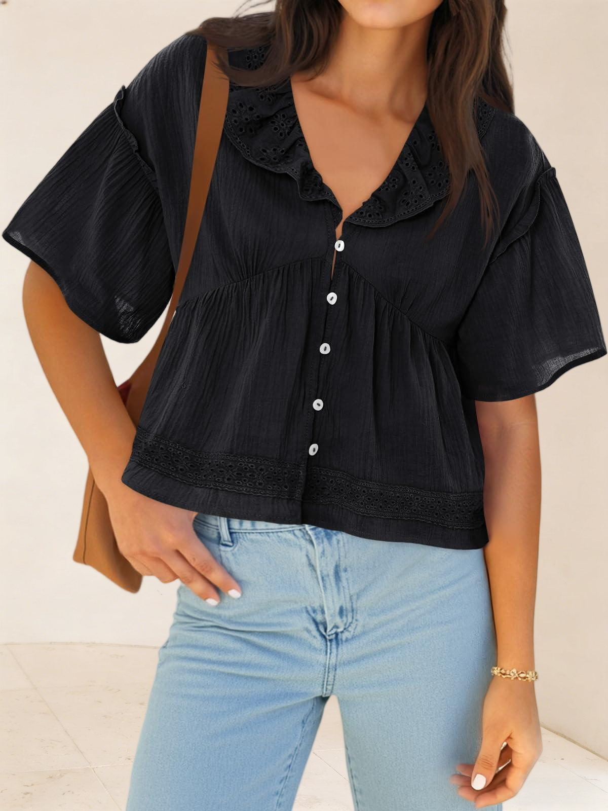 Imily Bela Womens Cropped Babydoll Tops Summer Eyelet V Neck Short Sleeve Cute Blouses Ruffle Shirts