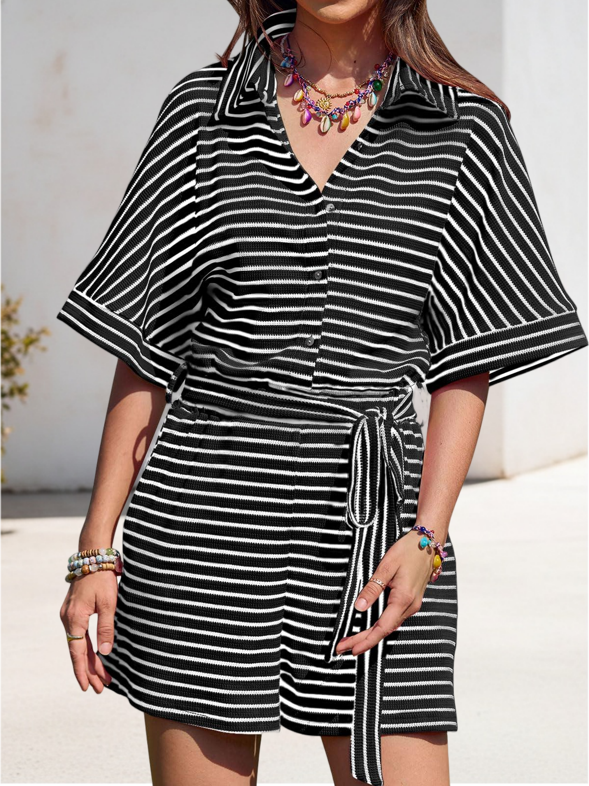 Imily Bela Womens Summer Casual Striped Rompers Short Sleeve Button Down Belted Elastic Waist Short Jumpsuit