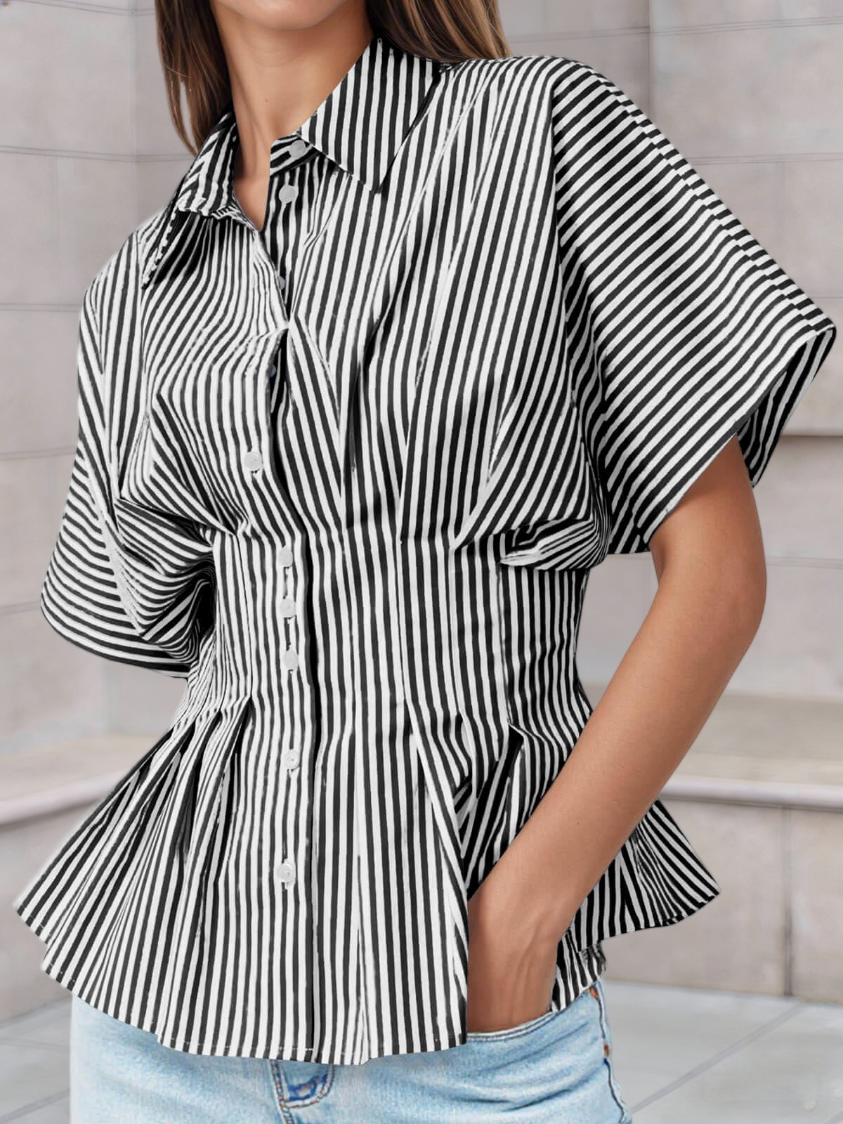 Imily Bela Womens Striped Peplum Button Down Shirts Short Sleeve Pleated Tops Summer Business Casual Blouses