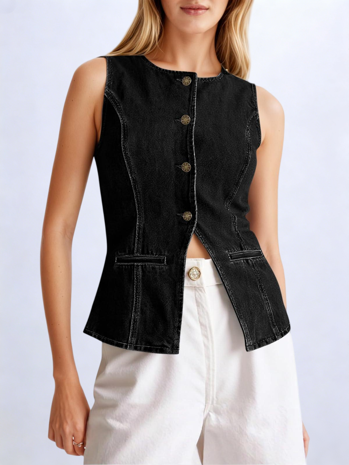 Imily Bela Womens Button Down Denim Vest Trendy Fitted Sleeveless Jean Tank Tops Crew Neck Waistcoat