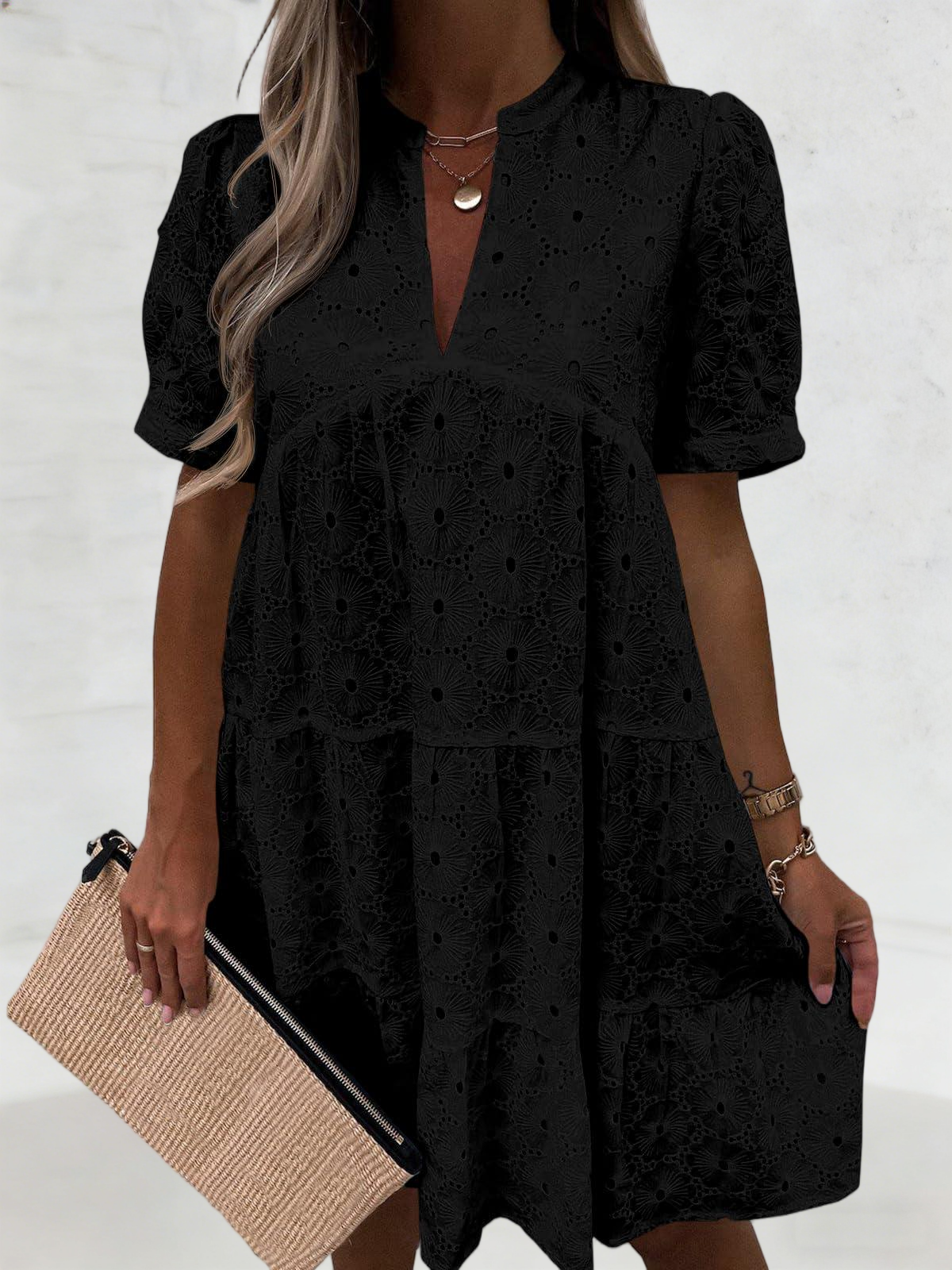 Imily Bela Womens Summer Lace Dresses Eyelet Casual Flowy Babydoll Swing Short Sleeve V Neck Tunic Dress