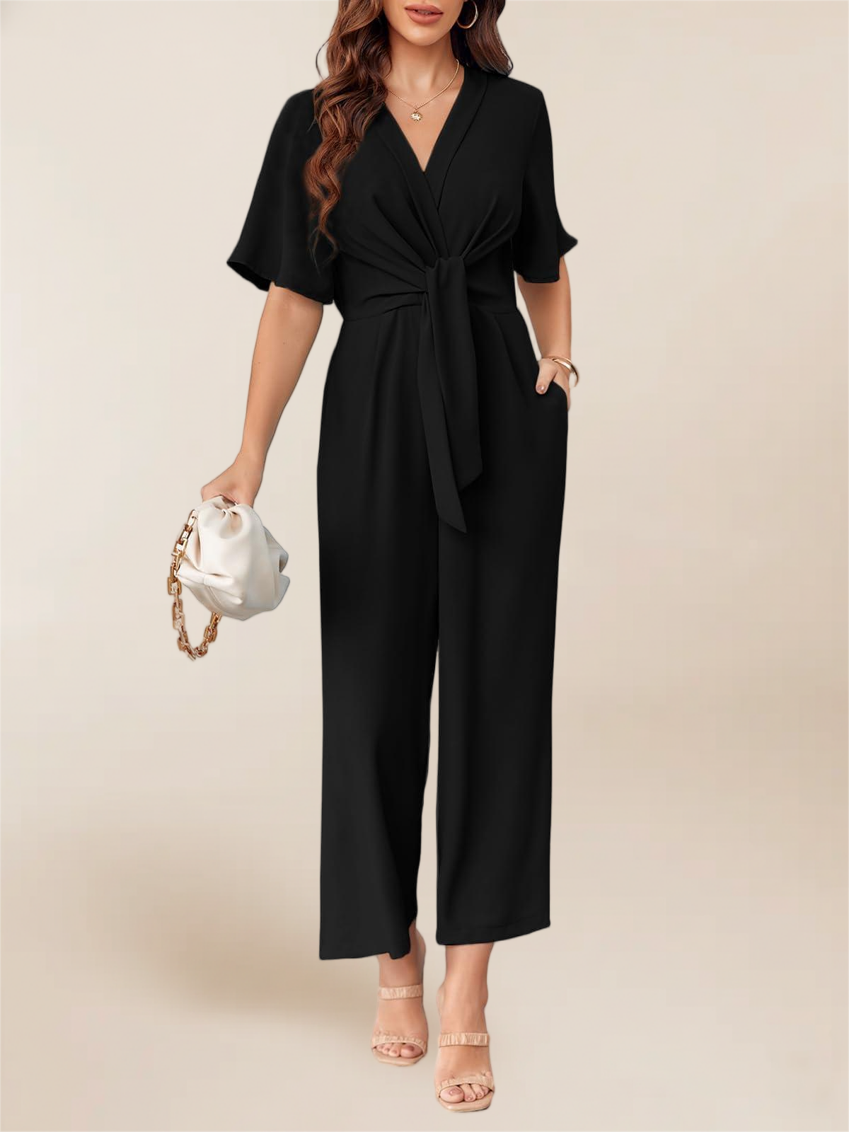 Imily Bela Women's Elegant V Neck Jumpsuits Dressy Casual Short Sleeve Wide Leg Long Pants Rompers